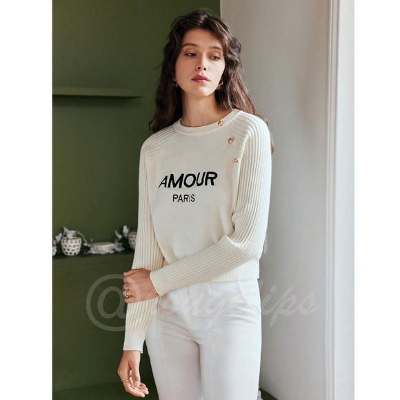 Off White French Style Knit Sweater Text Embroidery Amour Paris Long Sleeve - Picture 7 of 8